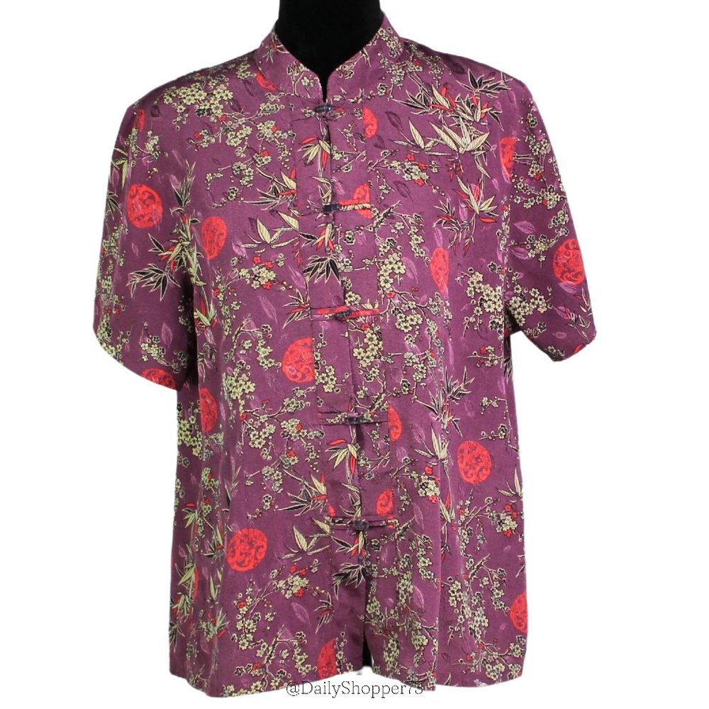 Vintage Jian Hua Fashion Plum Blossom Patterned Mandarin Button Front Blouse